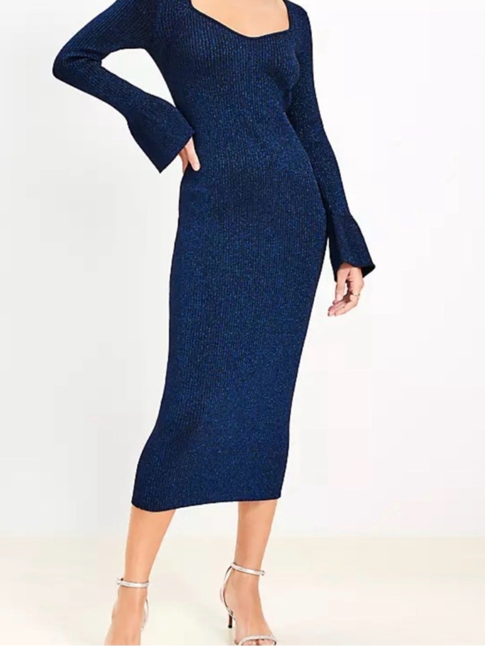 NWT LOFT Blue Ribbed Bodycon Dress with Trumpet Sleeves sz S
